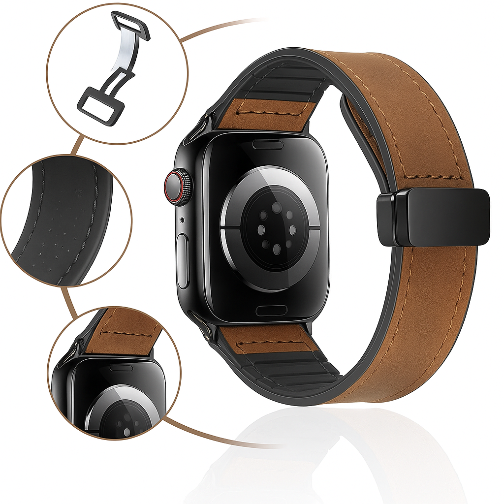 Pulseira Premium em Couro com Fecho Magnético para Apple Watch