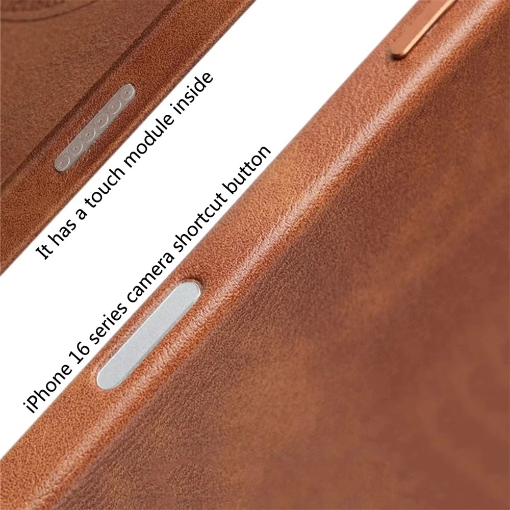 Capa magnética de couro retrô de negócios de luxo para iPhone 17 Pro Max 16 Plus 15 14 13 Lente de liga MagSafe Capa de carregamento sem fio