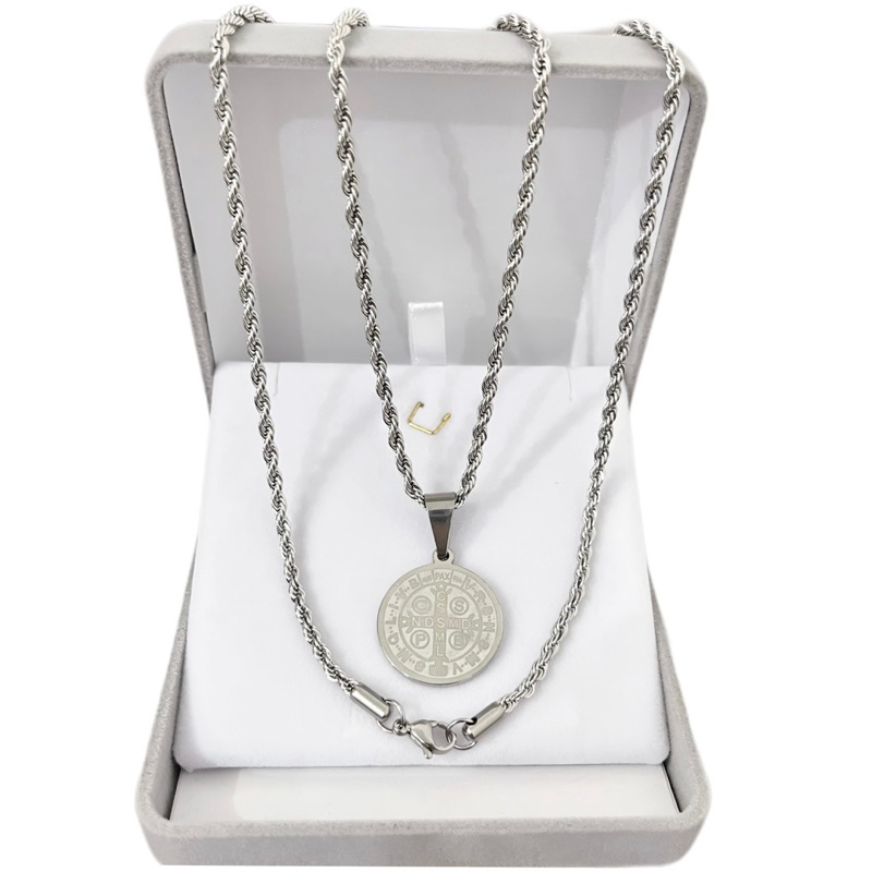 Medalha São Bento Duplaface + Cordão Baiano Aço Inoxidavel Prateado 45/60/70cm