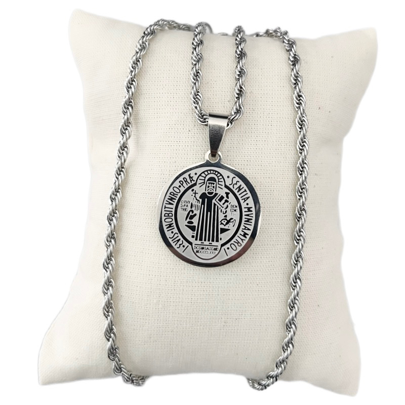 Medalha São Bento Duplaface + Cordão Baiano Aço Inoxidavel Prateado 45/60/70cm