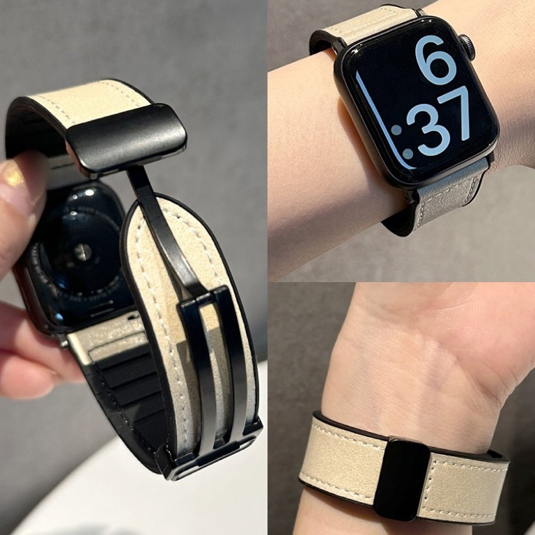 Pulseira Couro Com Fecho Magnético Para Apple Watch 38/40/41/42/44/45/46/49mm