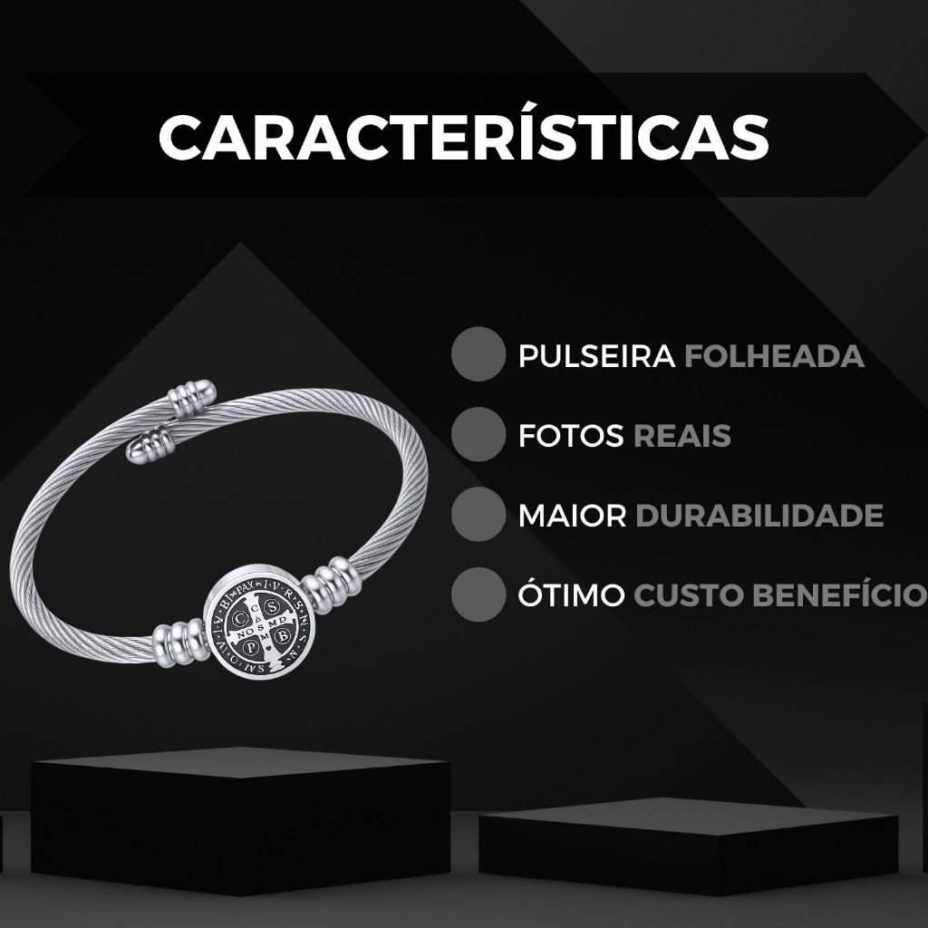 Bracelete São Bento Em Aço Inox 316L Premium Prateado Para Presente Masculino