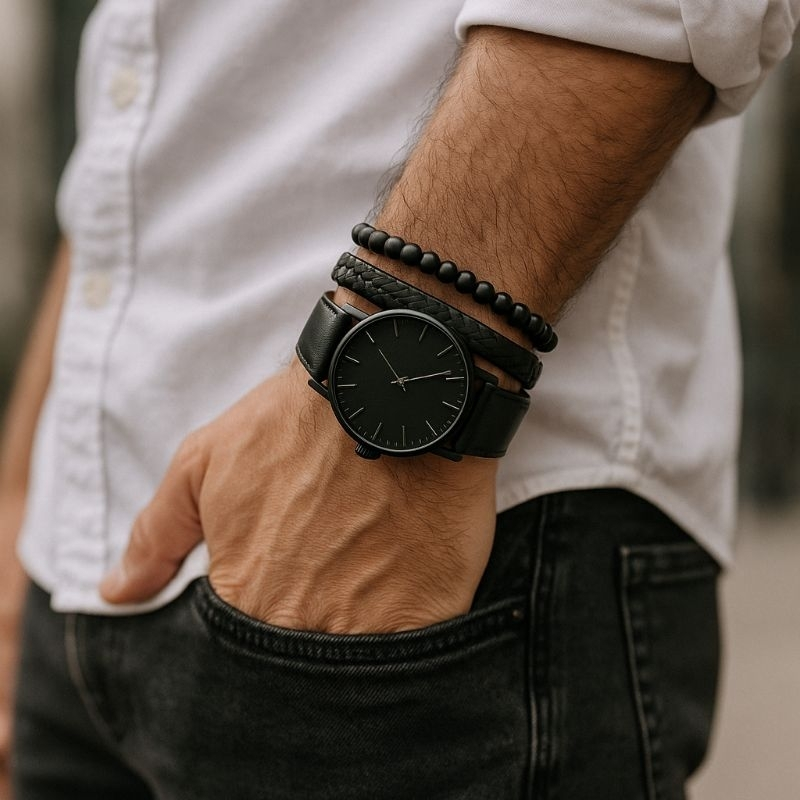 Combo de acessórios Masculino 4 peças Relógio e pulseiras – Kit Estilo Completo