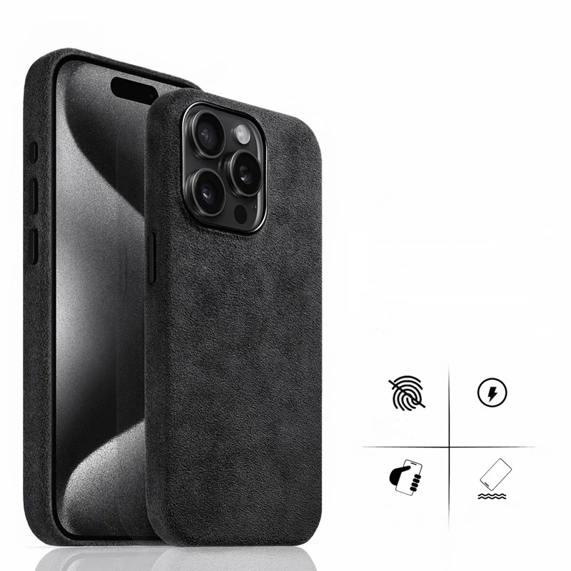 Capa De Couro De Camurça Alcantara Para iPhone 16 15 14 13 12 Pro Max Atração Magnética Moldura De Lente De Metal Laváve