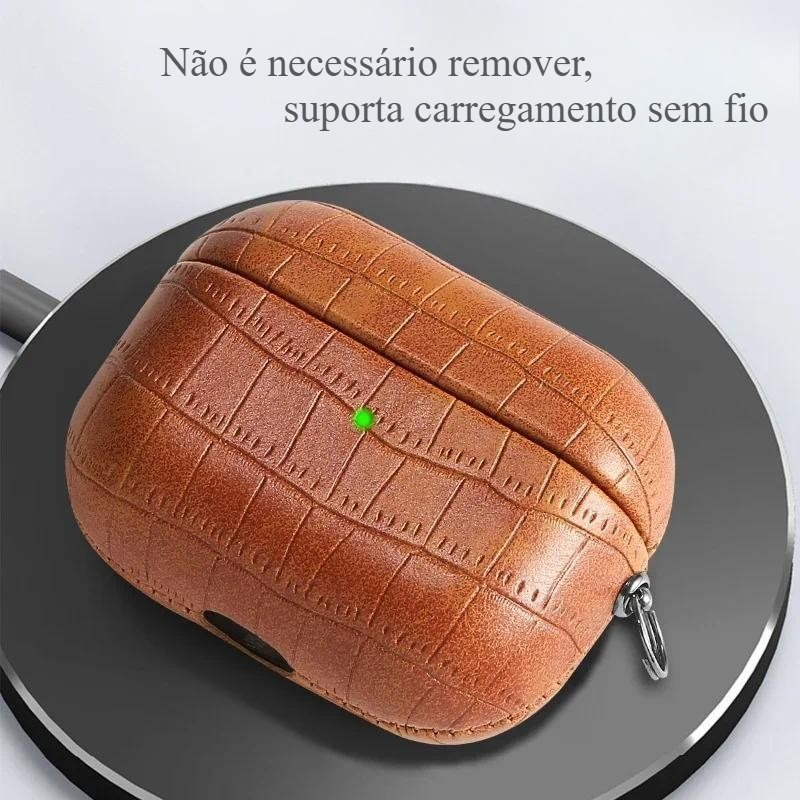 Capa De Couro Clássica Com Textura De Crocodilo Para AirPods Pro 2 , Protetora 4 3 2 1 Fone De Ouvido Fivela De Metal